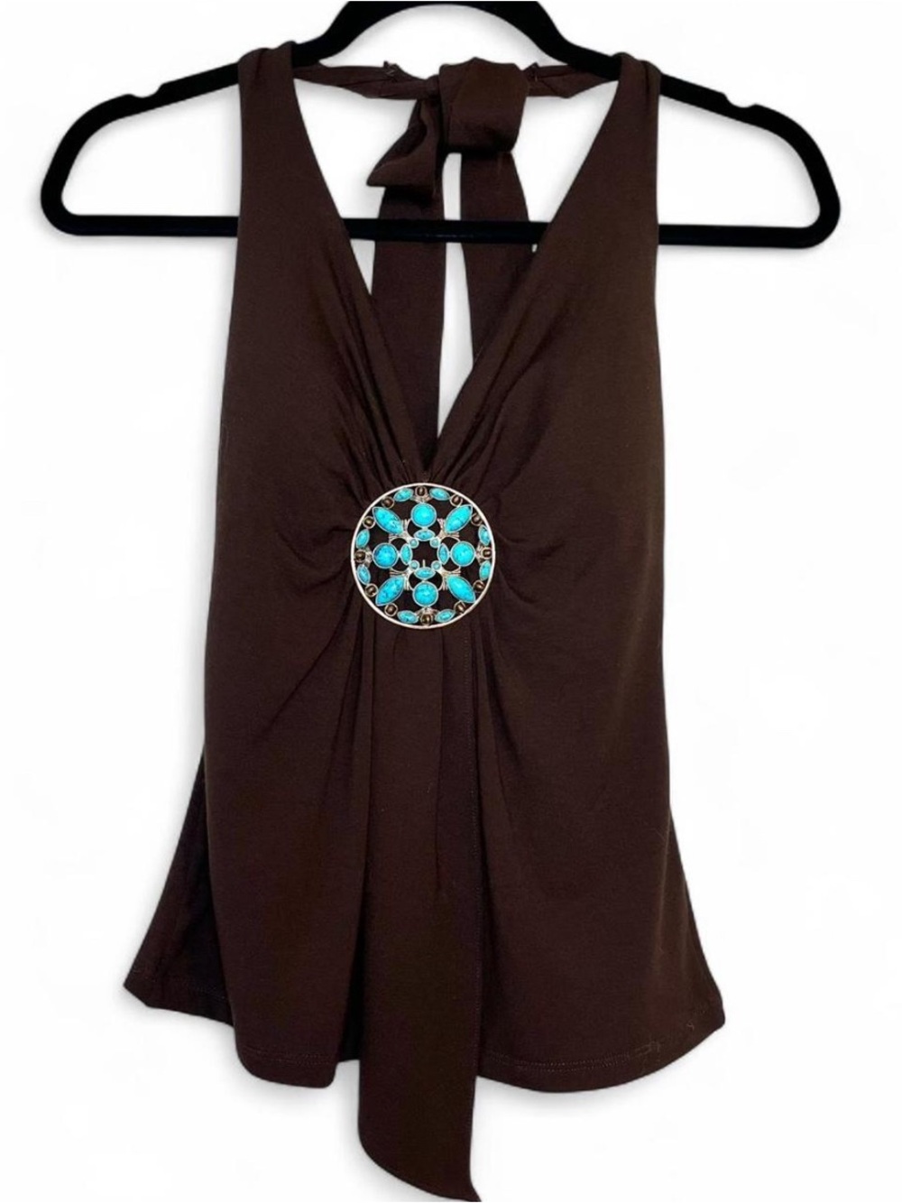 Vintage Cache Brown Halter Top Turquoise Y2K Size XS Western Boho Cowgirl